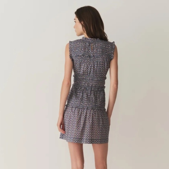 NWT Doen Tracie Cotton Smocked Ruffle Sleeve A Line Mini Dress Dahlia Ikat Blue - Picture 3 of 13